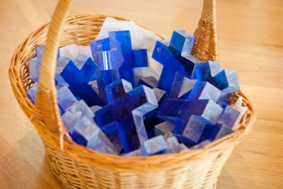 basket of blue glass crosses